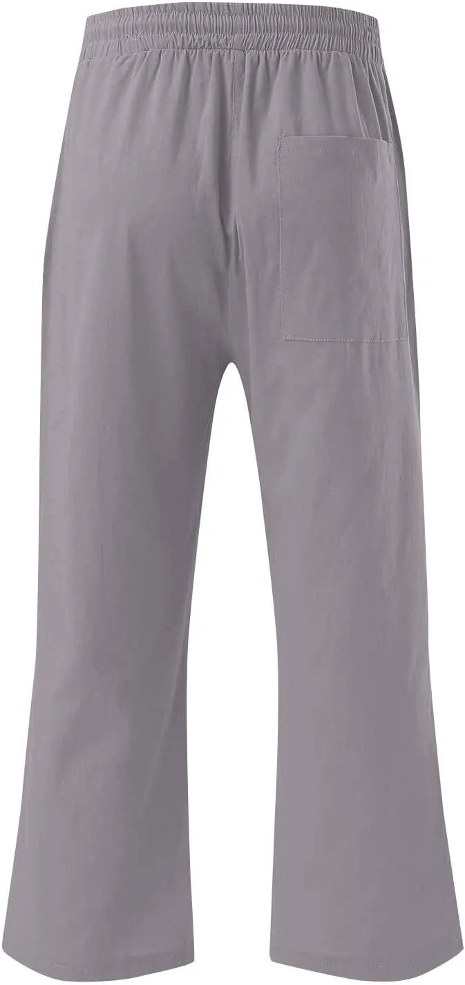 Linen Capri Pants for Women Casual Summer Drawstring Waist Capris with Pockets Wide Leg Outdoor Cropped Flare Pants