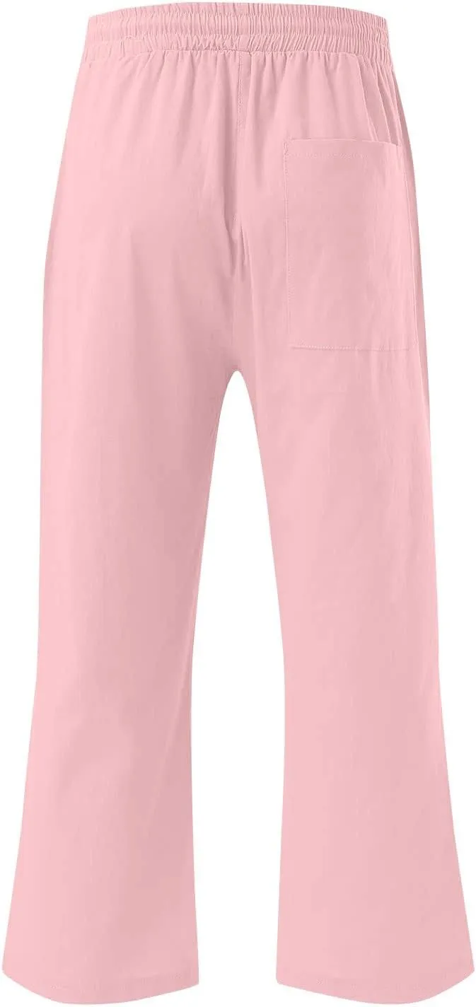 Linen Capri Pants for Women Casual Summer Drawstring Waist Capris with Pockets Wide Leg Outdoor Cropped Flare Pants