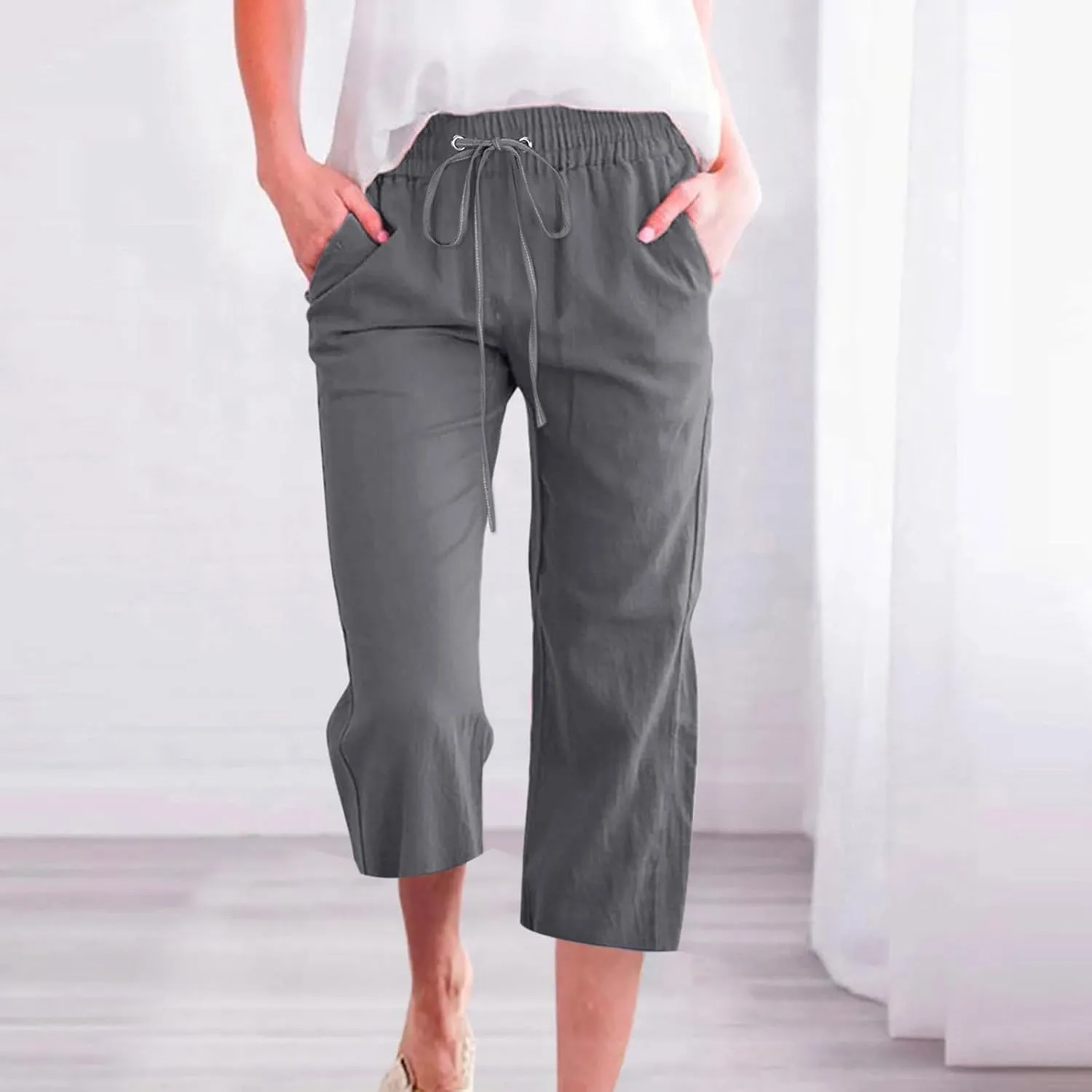 Linen Capri Pants for Women Casual Summer Drawstring Waist Capris with Pockets Wide Leg Outdoor Cropped Flare Pants