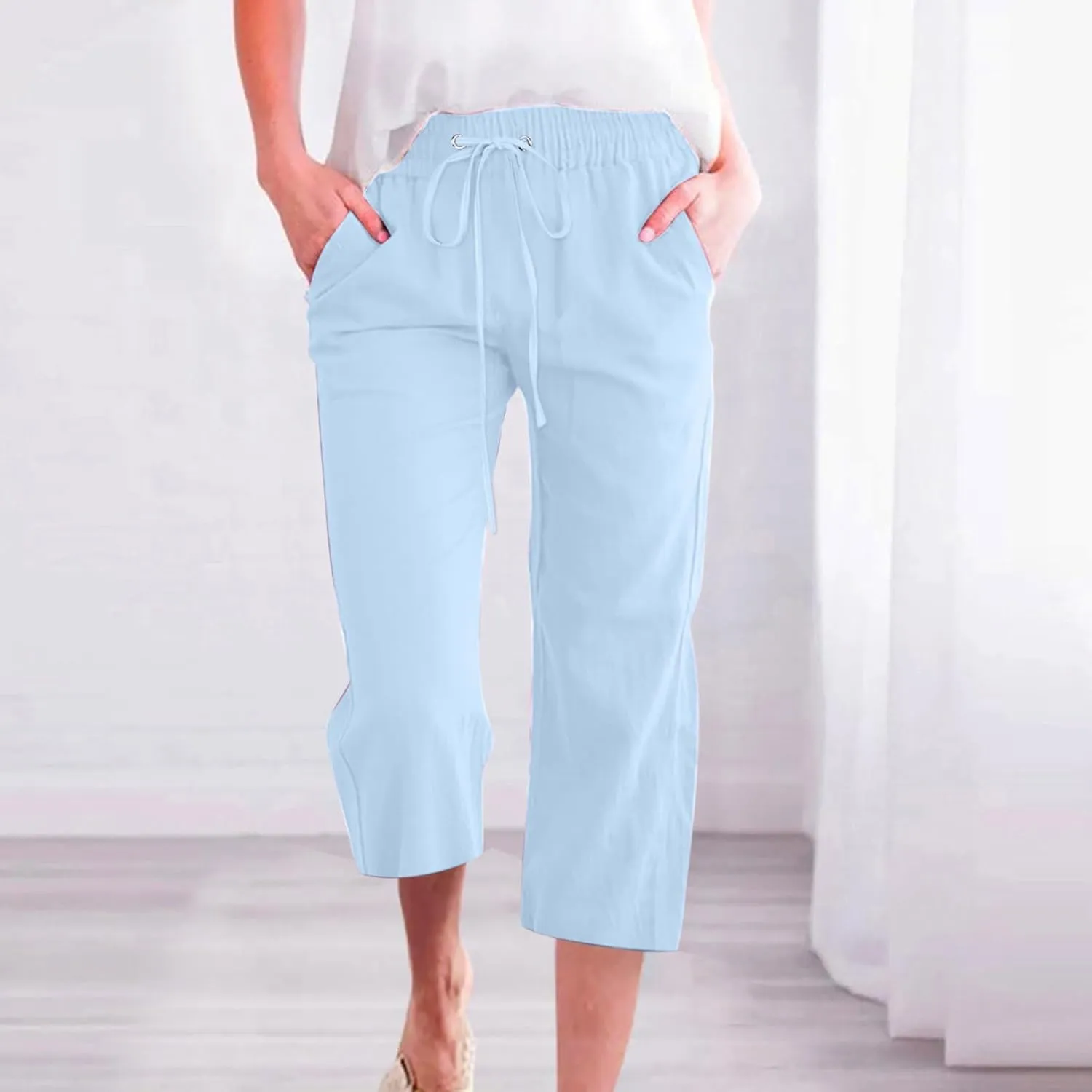Linen Capri Pants for Women Casual Summer Drawstring Waist Capris with Pockets Wide Leg Outdoor Cropped Flare Pants