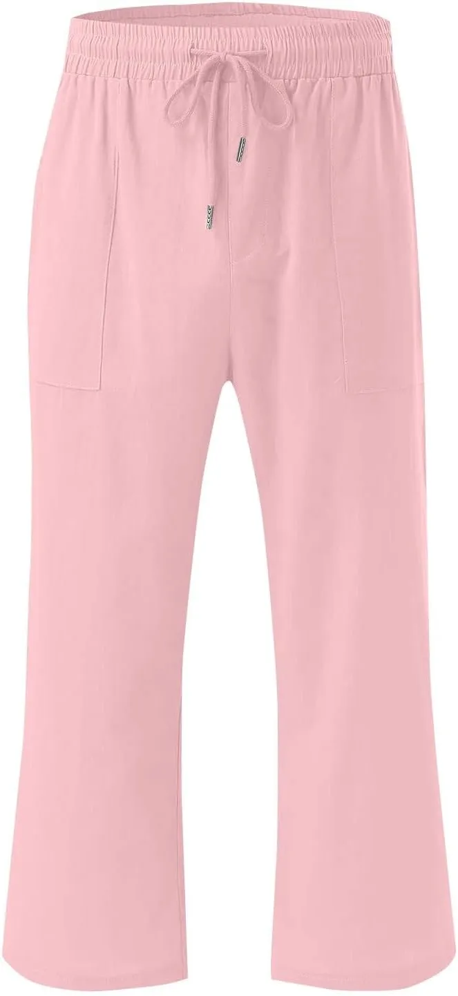 Linen Capri Pants for Women Casual Summer Drawstring Waist Capris with Pockets Wide Leg Outdoor Cropped Flare Pants