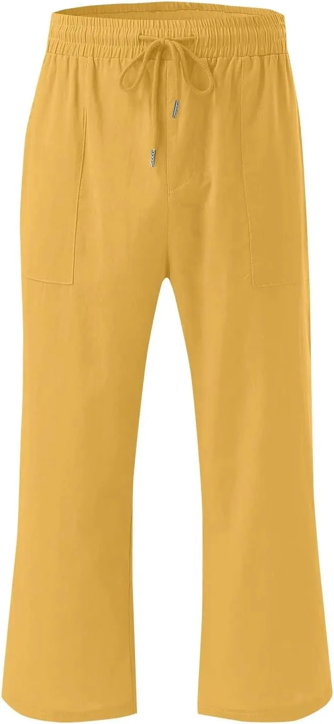 Linen Capri Pants for Women Casual Summer Drawstring Waist Capris with Pockets Wide Leg Outdoor Cropped Flare Pants