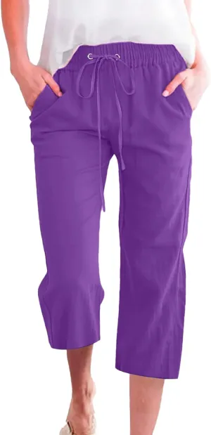 Linen Capri Pants for Women Casual Summer Drawstring Waist Capris with Pockets Wide Leg Outdoor Cropped Flare Pants
