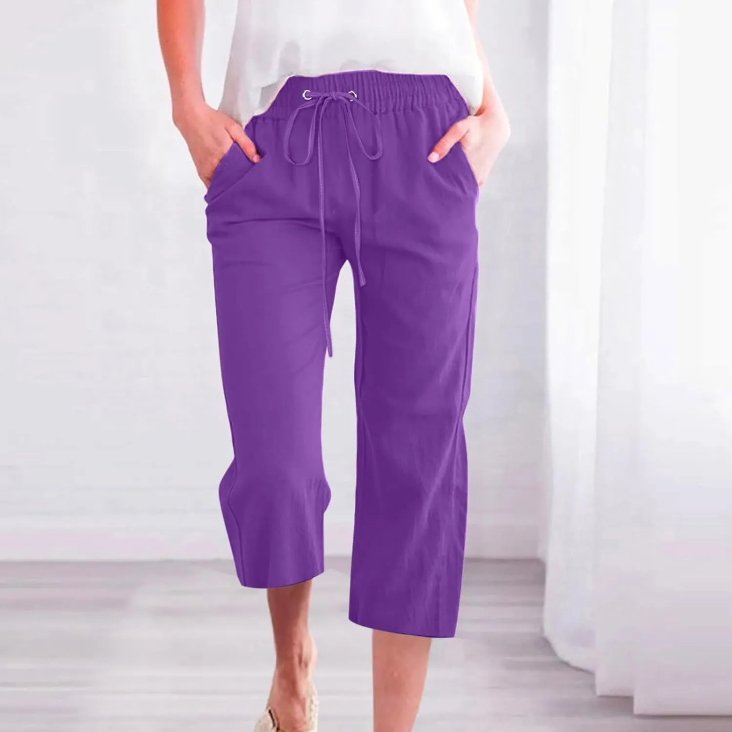 Linen Capri Pants for Women Casual Summer Drawstring Waist Capris with Pockets Wide Leg Outdoor Cropped Flare Pants