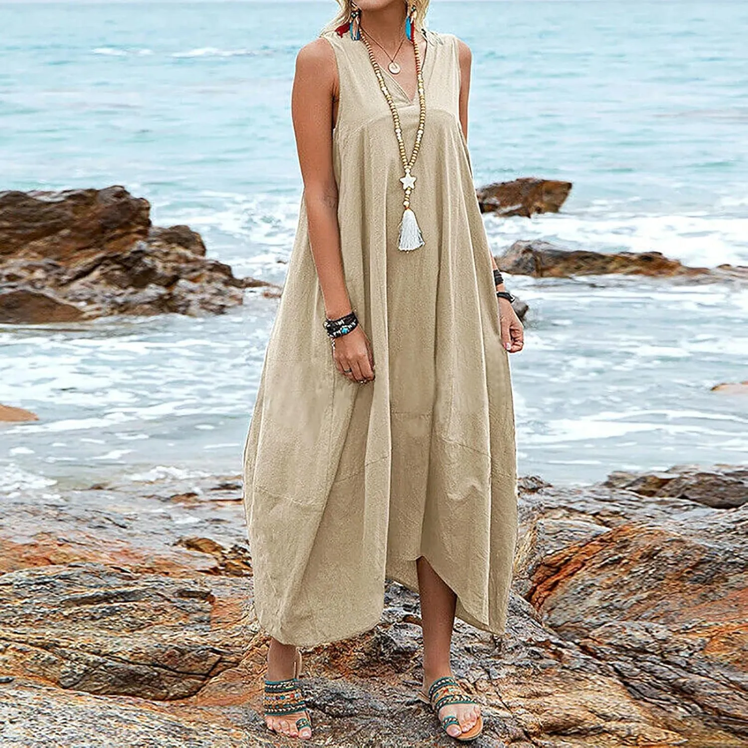 Linen Dress for Women 2025 Summer Boho V Neck Sleeveless Maix Dresses Casual Soft Lightweight Loose Fit Outfits