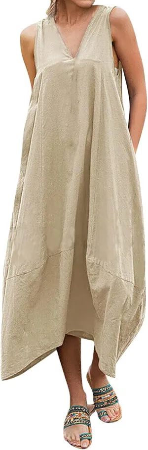Linen Dress for Women 2025 Summer Boho V Neck Sleeveless Maix Dresses Casual Soft Lightweight Loose Fit Outfits