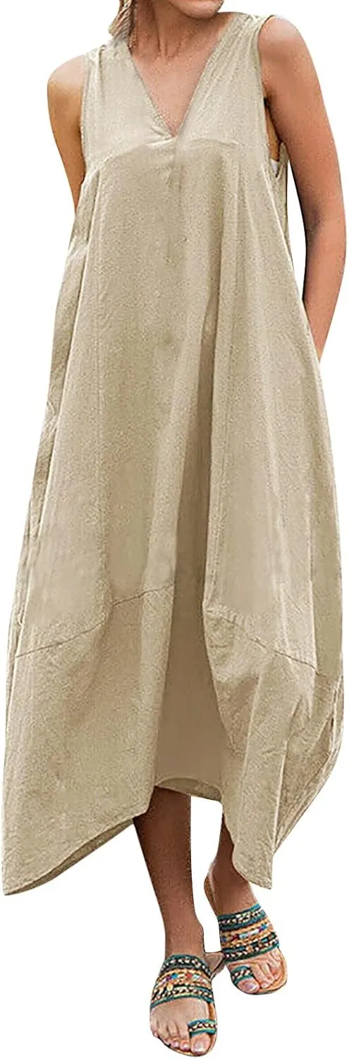 Linen Dress for Women 2025 Summer Boho V Neck Sleeveless Maix Dresses Casual Soft Lightweight Loose Fit Outfits