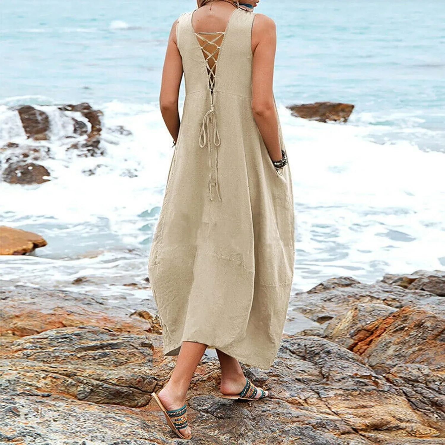 Linen Dress for Women 2025 Summer Boho V Neck Sleeveless Maix Dresses Casual Soft Lightweight Loose Fit Outfits