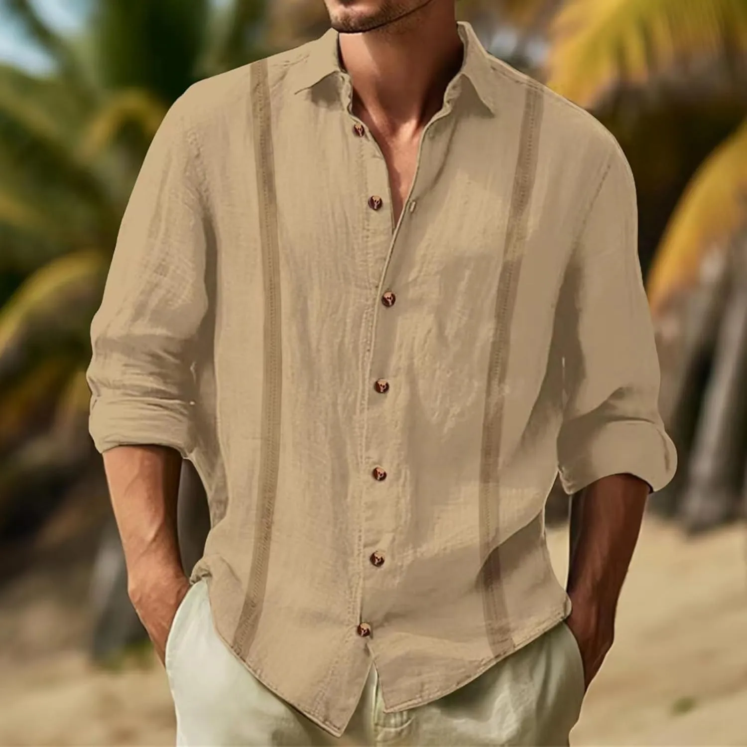 Linen Guayabera Shirts Mens Casual Long Sleeve Fashion Button Down T-Shirts Lapel Solid Hawaiian Spring Summer Shirt