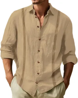Linen Guayabera Shirts Mens Casual Long Sleeve Fashion Button Down T-Shirts Lapel Solid Hawaiian Spring Summer Shirt