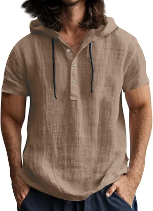 Linen Hoodie Men Summer Short Sleeve V Neck T Shirts with Hood Breathable Lightweight Drawstring Hooded Shirts