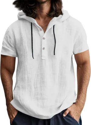 Linen Hoodie Men Summer Short Sleeve V Neck T Shirts with Hood Breathable Lightweight Drawstring Hooded Shirts