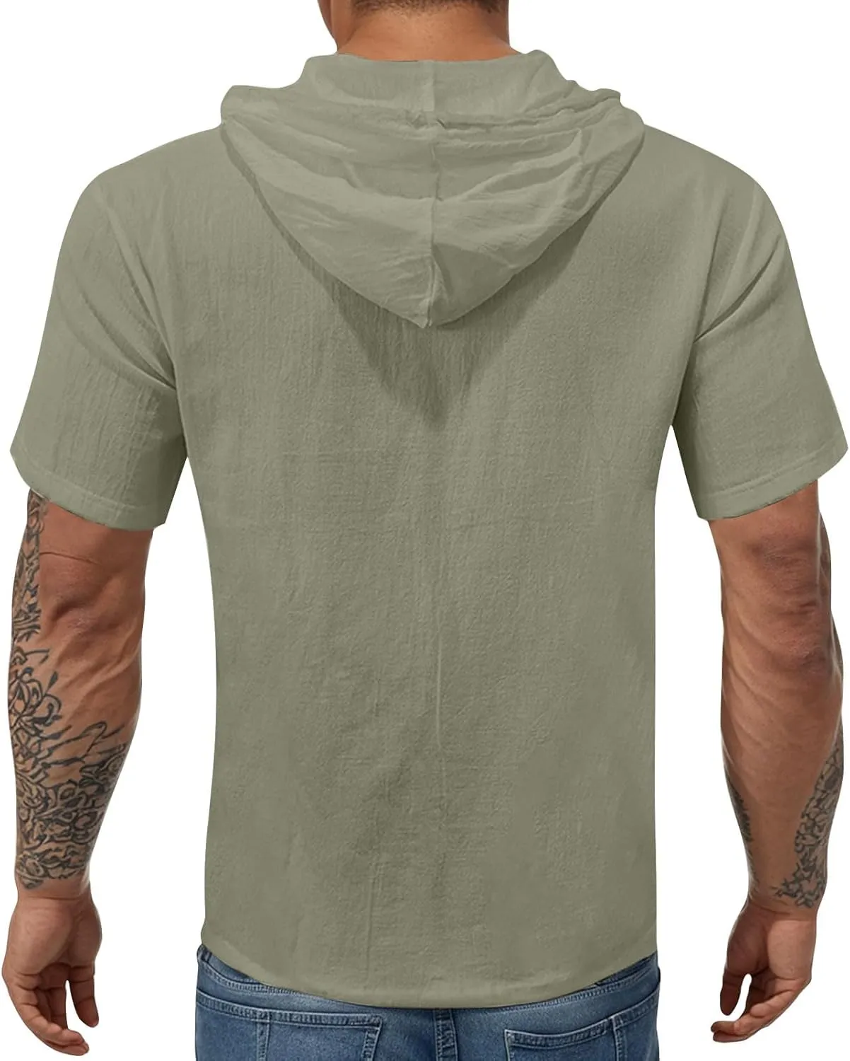 Linen Hoodie Men Summer Short Sleeve V Neck T Shirts with Hood Breathable Lightweight Drawstring Hooded Shirts