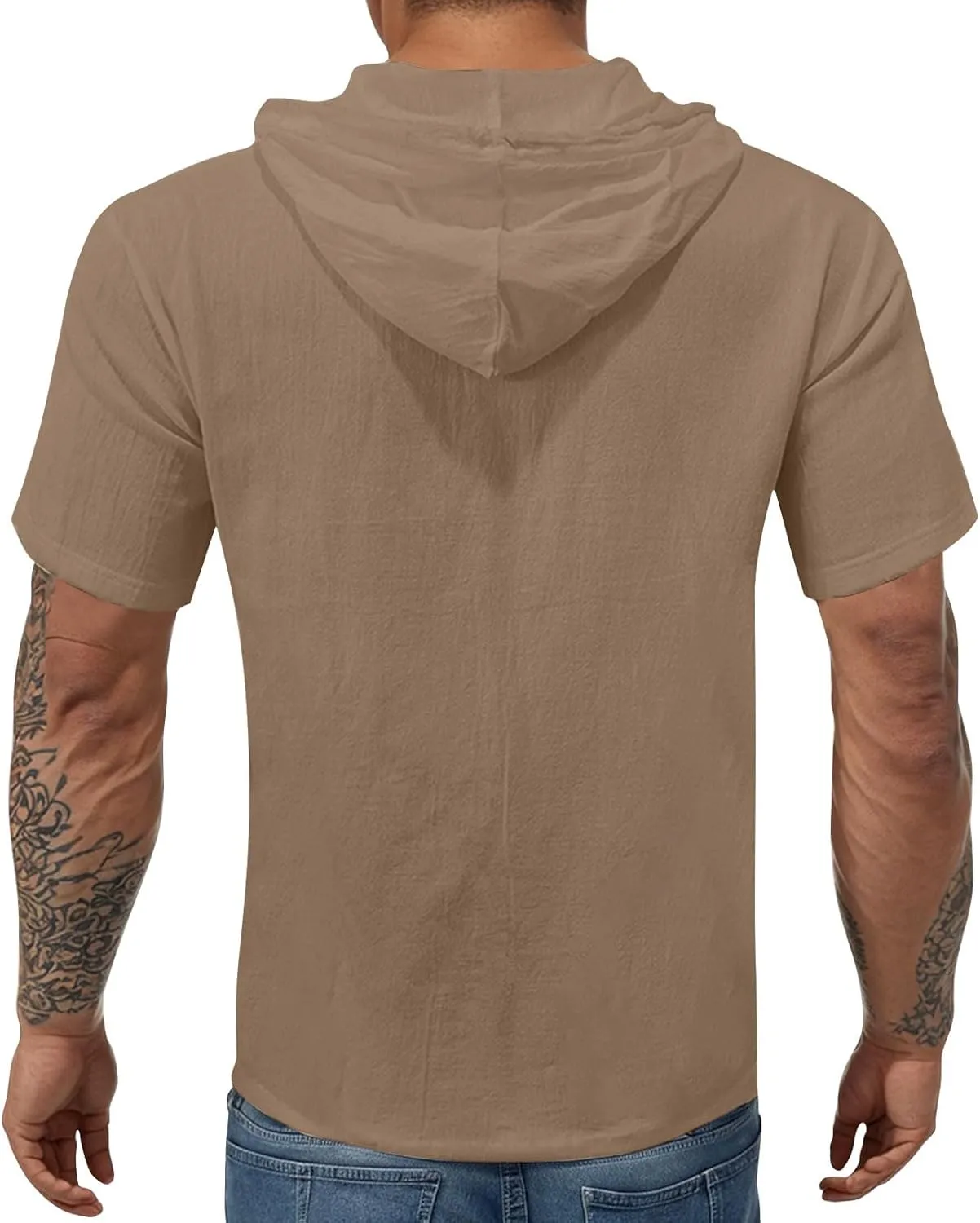 Linen Hoodie Men Summer Short Sleeve V Neck T Shirts with Hood Breathable Lightweight Drawstring Hooded Shirts