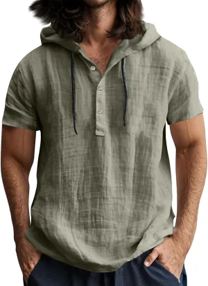 Linen Hoodie Men Summer Short Sleeve V Neck T Shirts with Hood Breathable Lightweight Drawstring Hooded Shirts