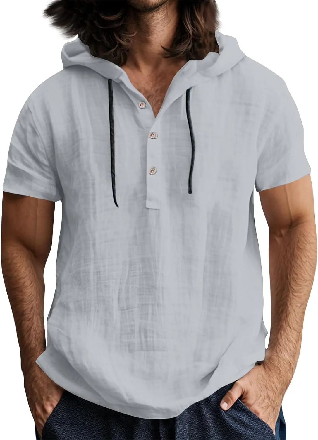 Linen Hoodie Men Summer Short Sleeve V Neck T Shirts with Hood Breathable Lightweight Drawstring Hooded Shirts