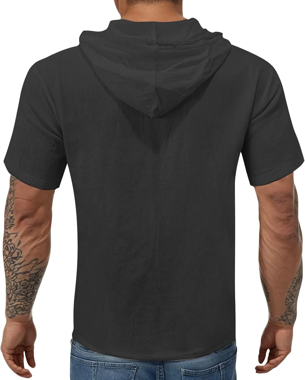 Linen Hoodie Men Summer Short Sleeve V Neck T Shirts with Hood Breathable Lightweight Drawstring Hooded Shirts