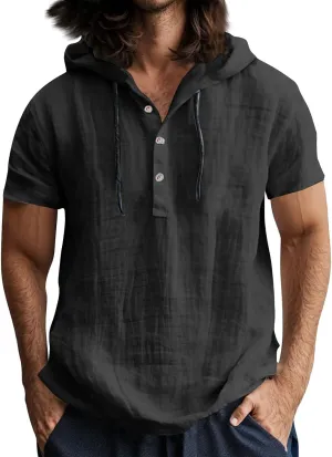 Linen Hoodie Men Summer Short Sleeve V Neck T Shirts with Hood Breathable Lightweight Drawstring Hooded Shirts