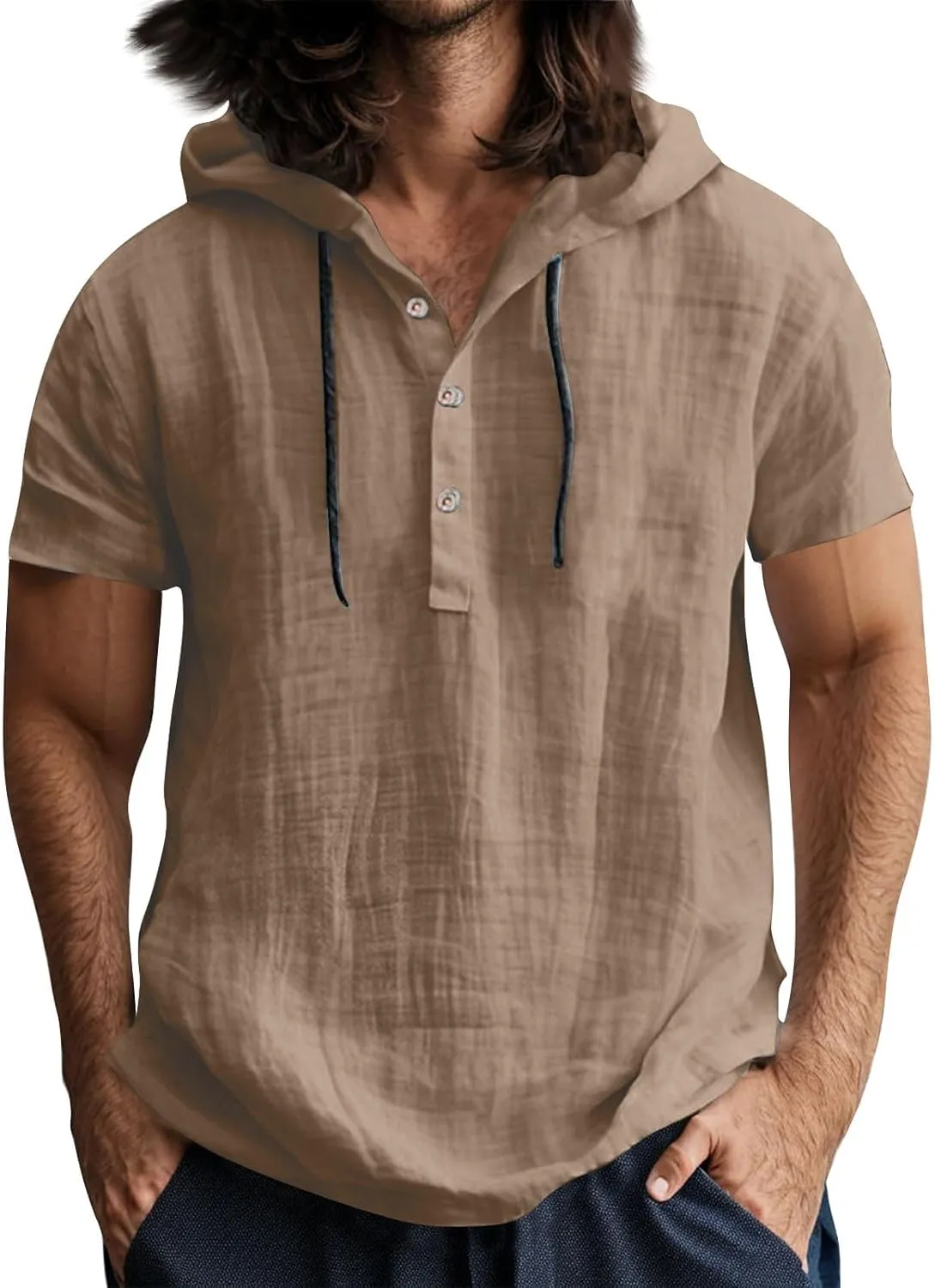Linen Hoodie Men Summer Short Sleeve V Neck T Shirts with Hood Breathable Lightweight Drawstring Hooded Shirts
