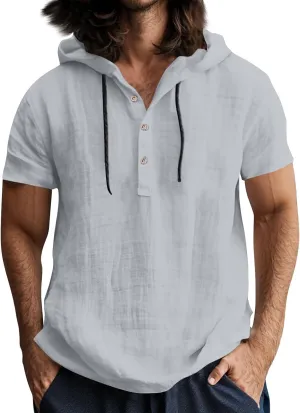 Linen Hoodie Men Summer Short Sleeve V Neck T Shirts with Hood Breathable Lightweight Drawstring Hooded Shirts