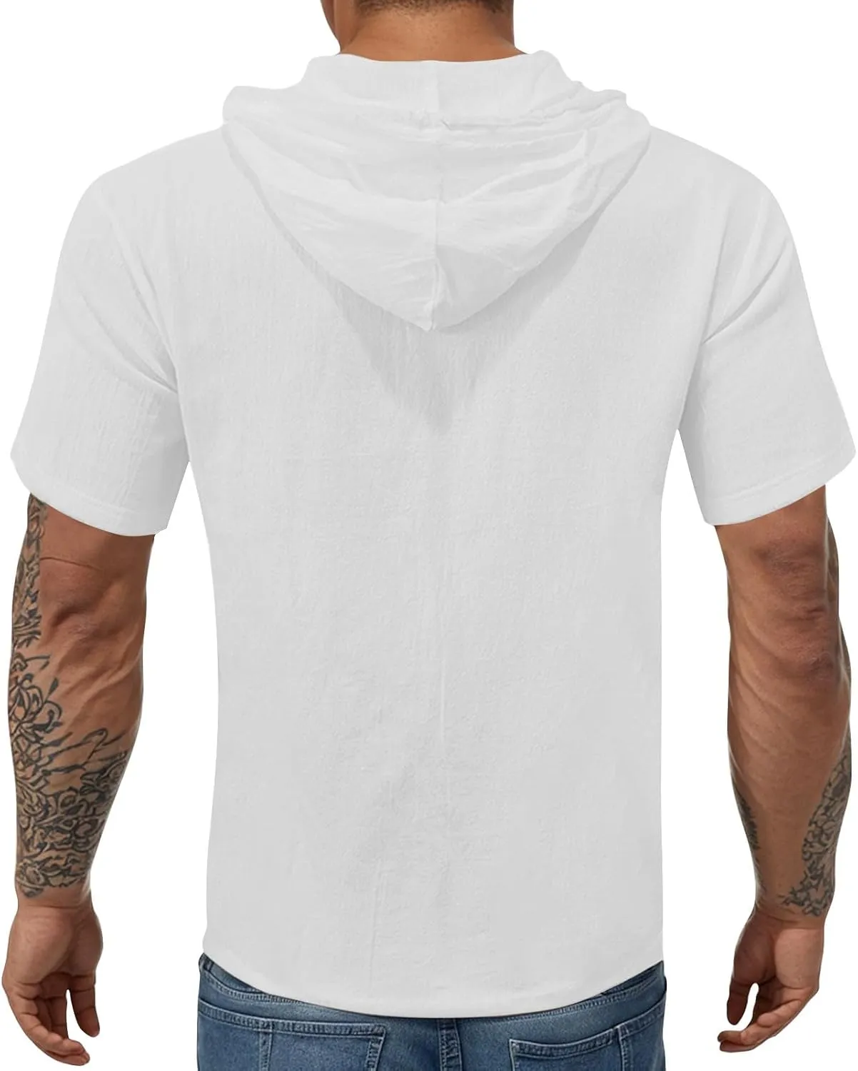 Linen Hoodie Men Summer Short Sleeve V Neck T Shirts with Hood Breathable Lightweight Drawstring Hooded Shirts