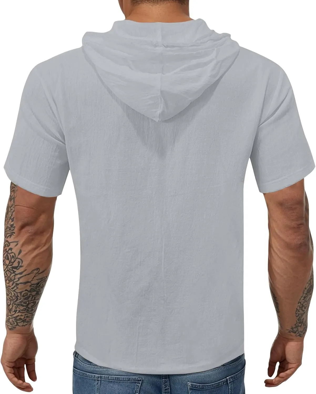 Linen Hoodie Men Summer Short Sleeve V Neck T Shirts with Hood Breathable Lightweight Drawstring Hooded Shirts