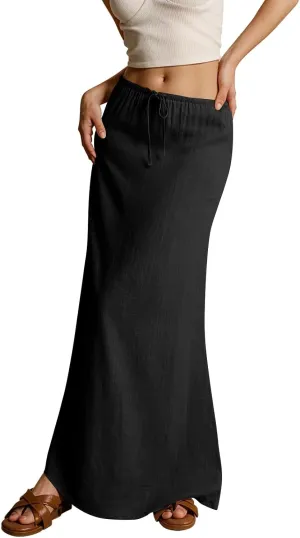 Linen Maxi Skirt for Women Trendy Beach Cover Up Boho Long Skirts Drawstring Comfy Drop Waist Floor Length Skirt