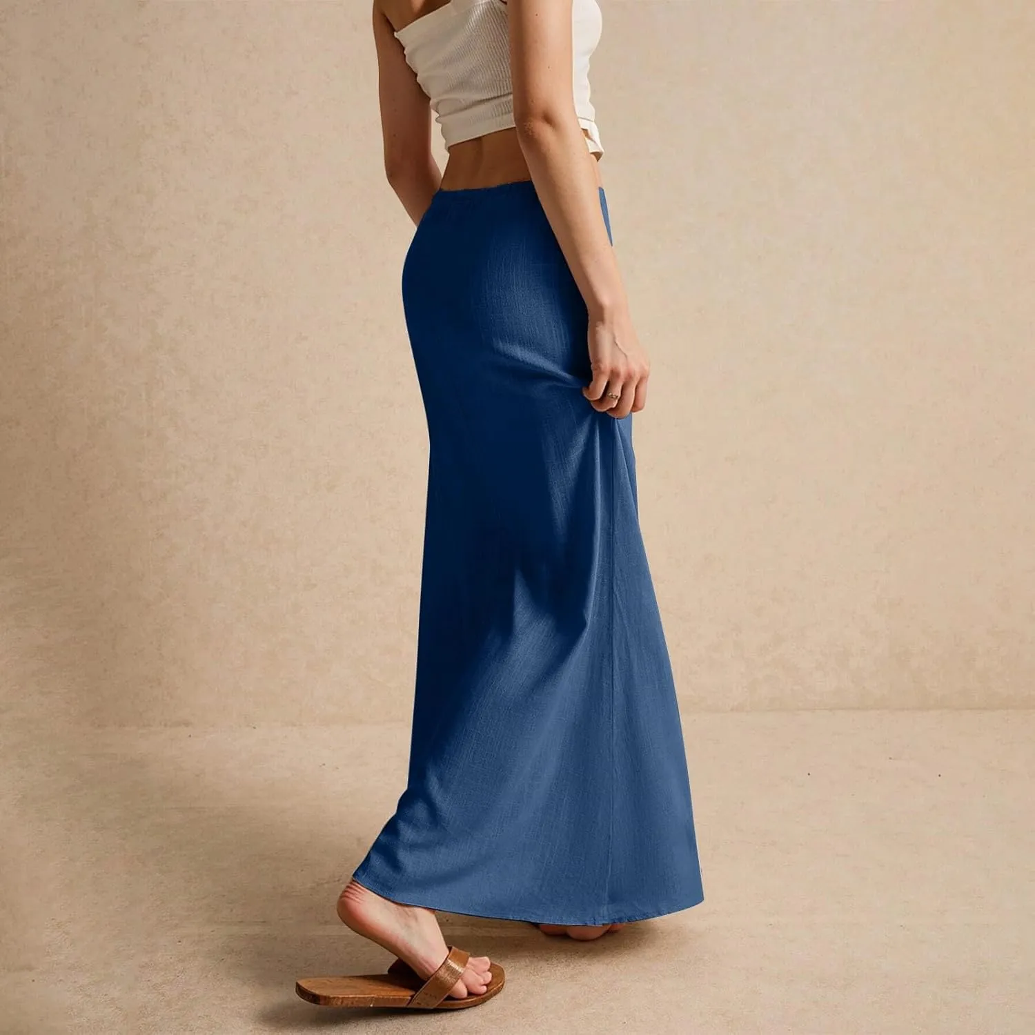 Linen Maxi Skirt for Women Trendy Beach Cover Up Boho Long Skirts Drawstring Comfy Drop Waist Floor Length Skirt