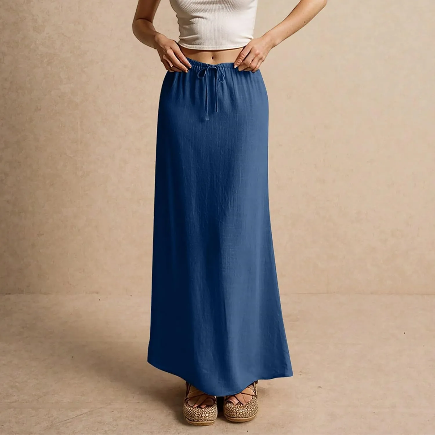 Linen Maxi Skirt for Women Trendy Beach Cover Up Boho Long Skirts Drawstring Comfy Drop Waist Floor Length Skirt