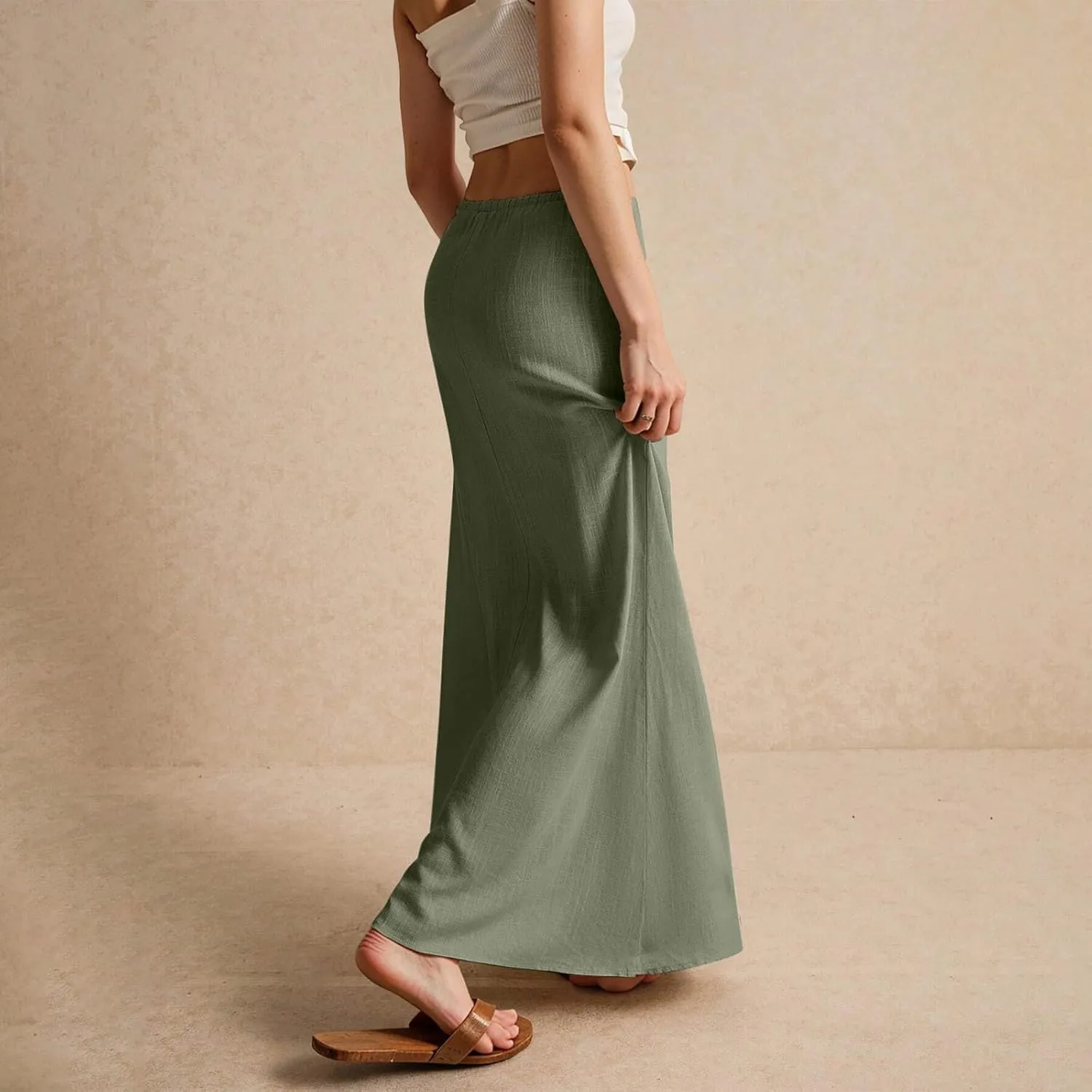 Linen Maxi Skirt for Women Trendy Beach Cover Up Boho Long Skirts Drawstring Comfy Drop Waist Floor Length Skirt