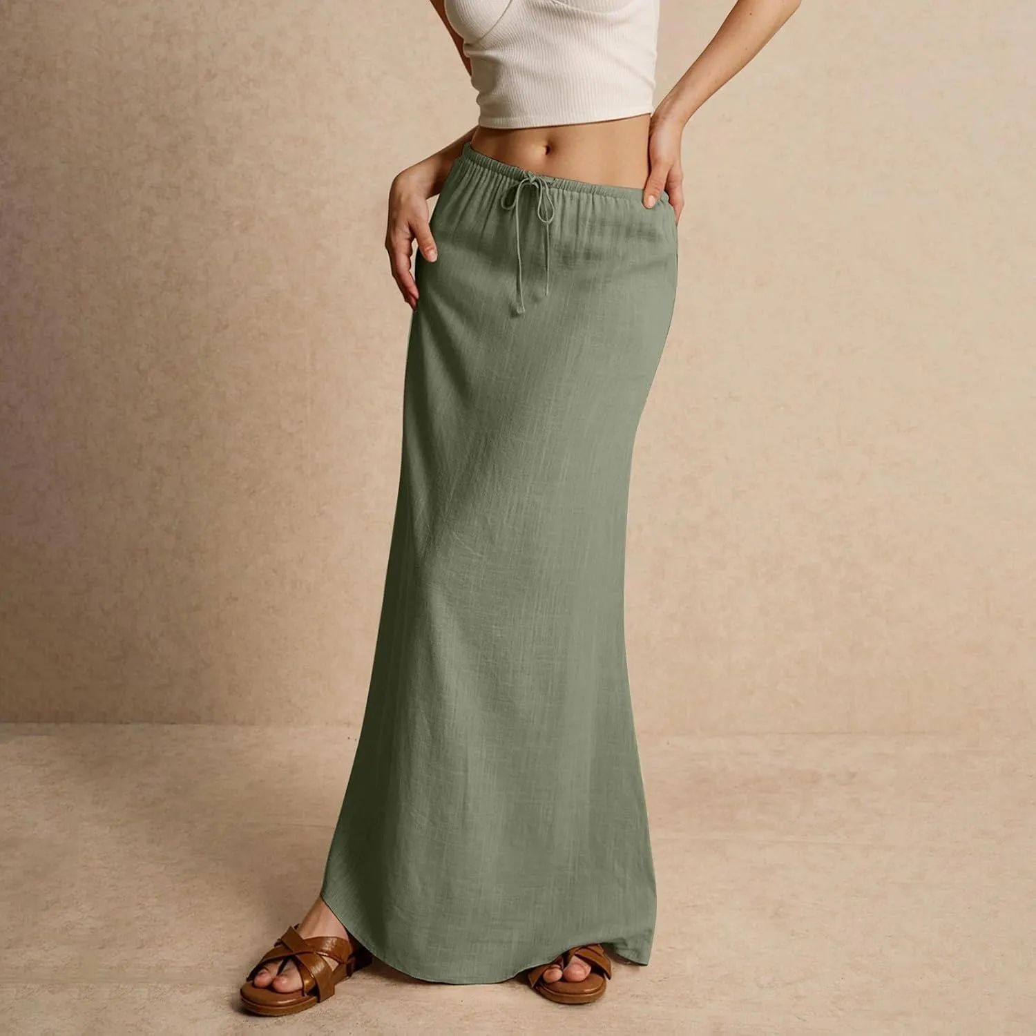 Linen Maxi Skirt for Women Trendy Beach Cover Up Boho Long Skirts Drawstring Comfy Drop Waist Floor Length Skirt