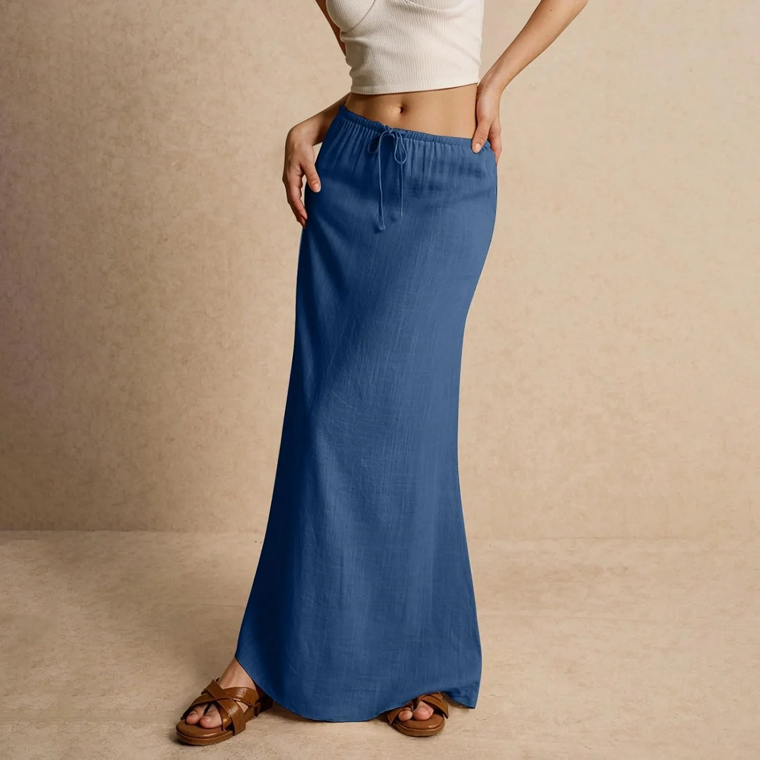 Linen Maxi Skirt for Women Trendy Beach Cover Up Boho Long Skirts Drawstring Comfy Drop Waist Floor Length Skirt