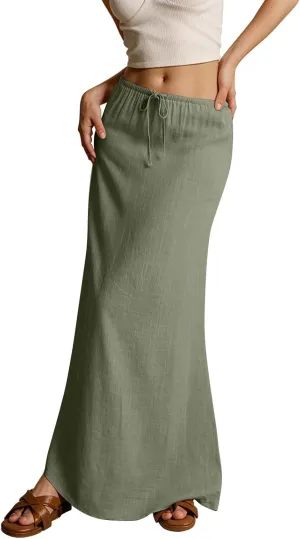 Linen Maxi Skirt for Women Trendy Beach Cover Up Boho Long Skirts Drawstring Comfy Drop Waist Floor Length Skirt