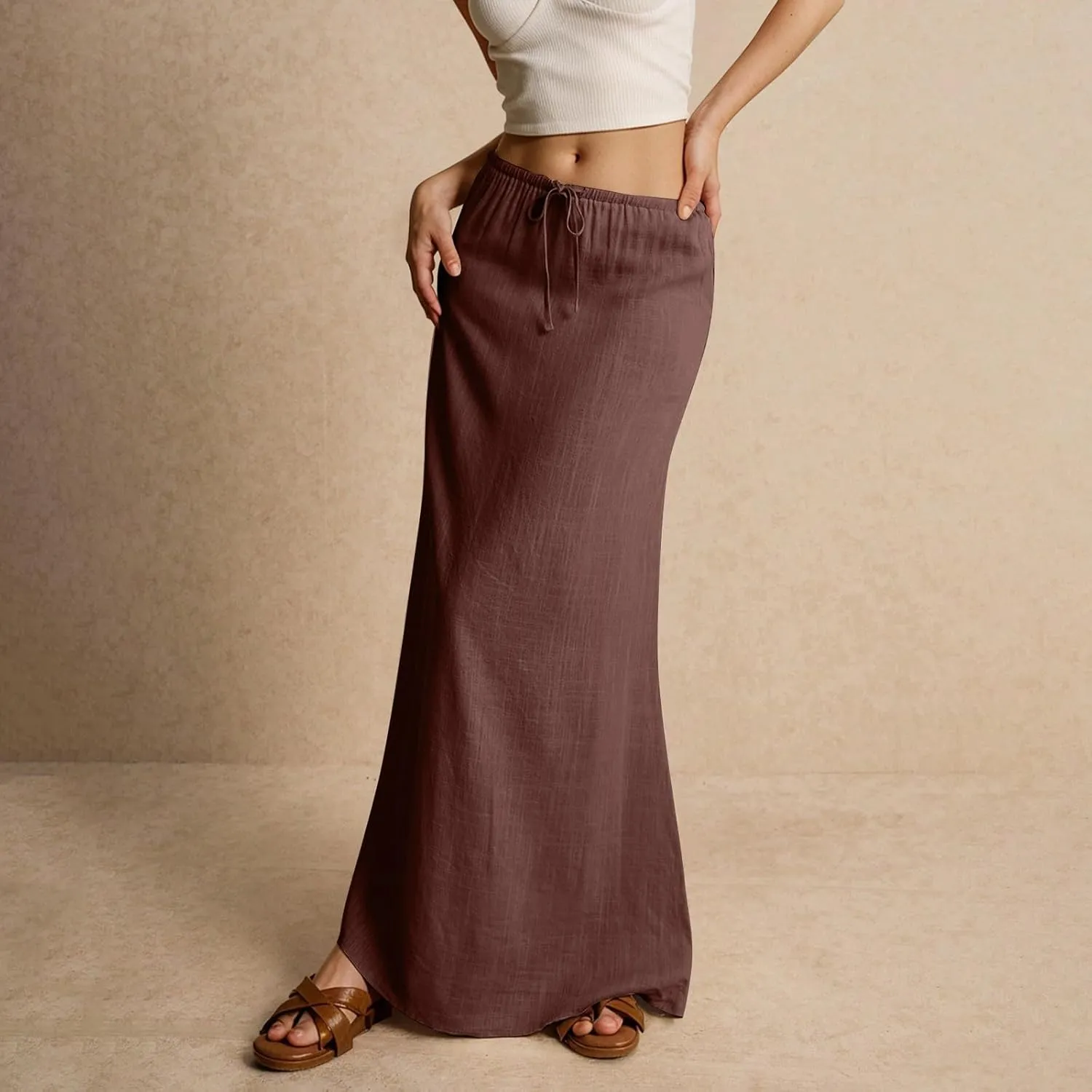 Linen Maxi Skirt for Women Trendy Beach Cover Up Boho Long Skirts Drawstring Comfy Drop Waist Floor Length Skirt