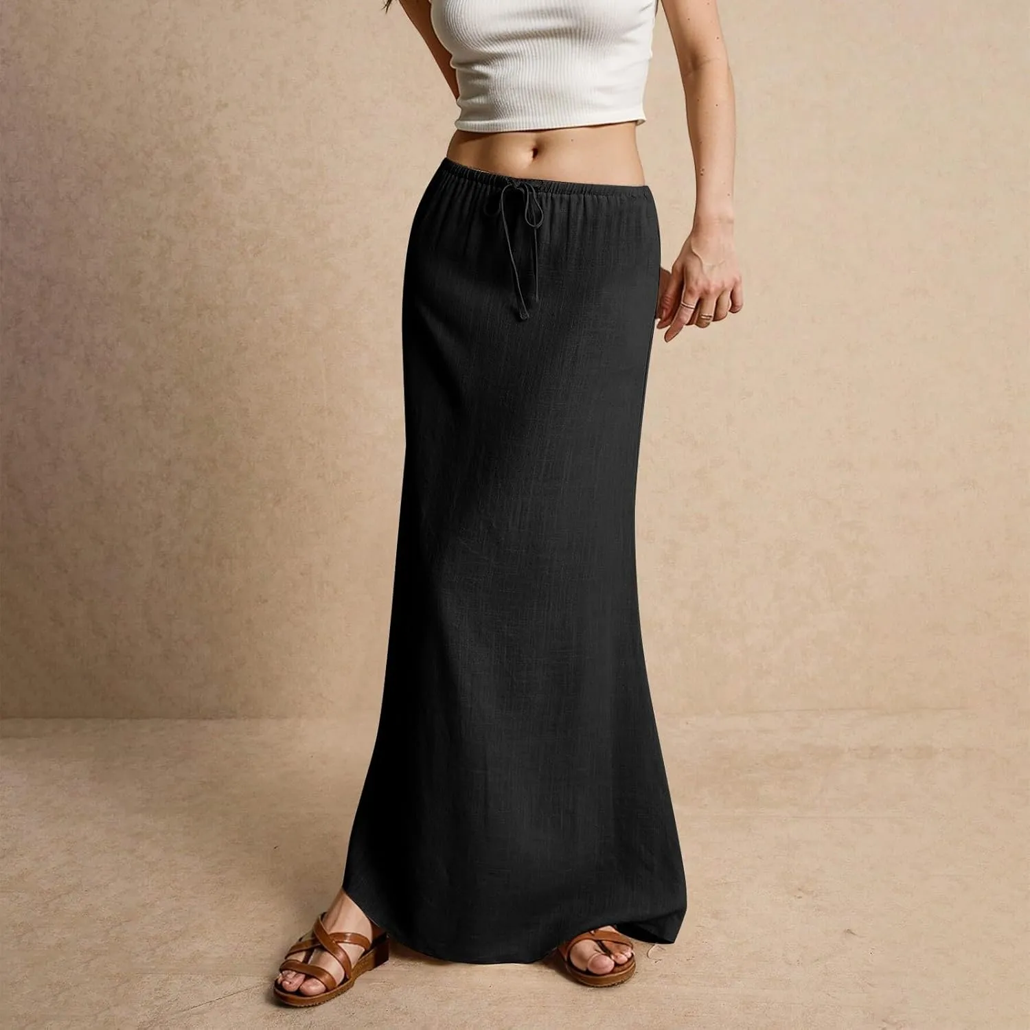 Linen Maxi Skirt for Women Trendy Beach Cover Up Boho Long Skirts Drawstring Comfy Drop Waist Floor Length Skirt