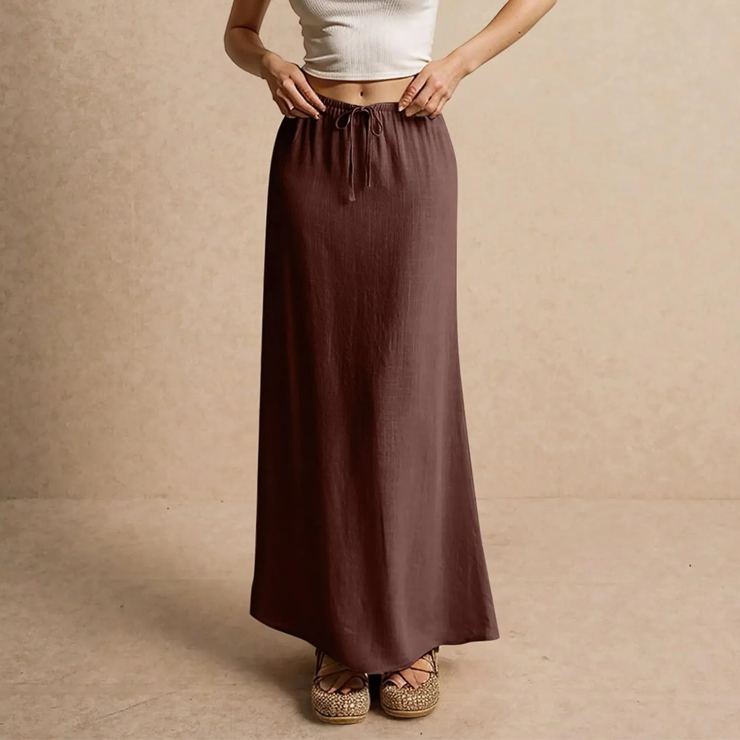 Linen Maxi Skirt for Women Trendy Beach Cover Up Boho Long Skirts Drawstring Comfy Drop Waist Floor Length Skirt