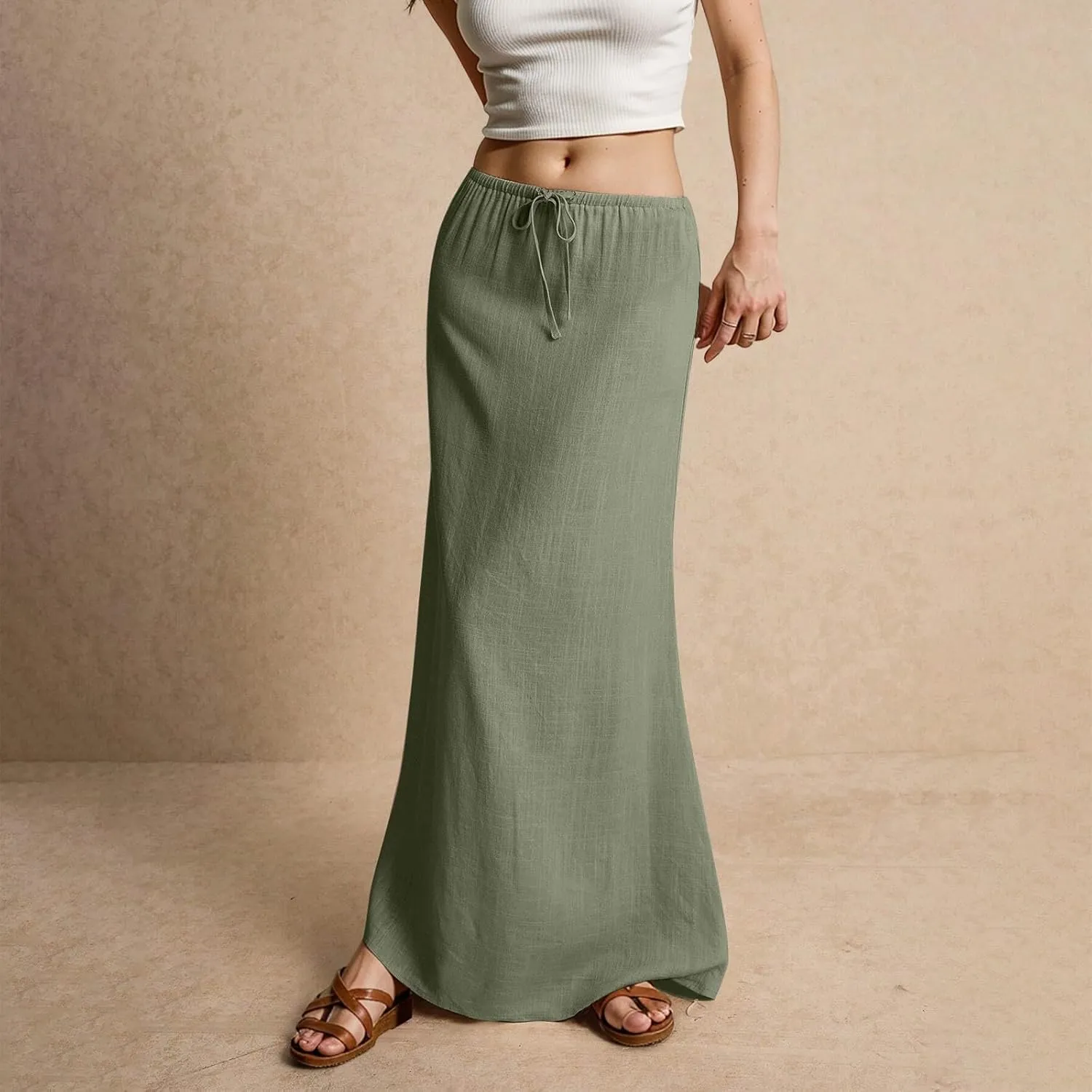 Linen Maxi Skirt for Women Trendy Beach Cover Up Boho Long Skirts Drawstring Comfy Drop Waist Floor Length Skirt