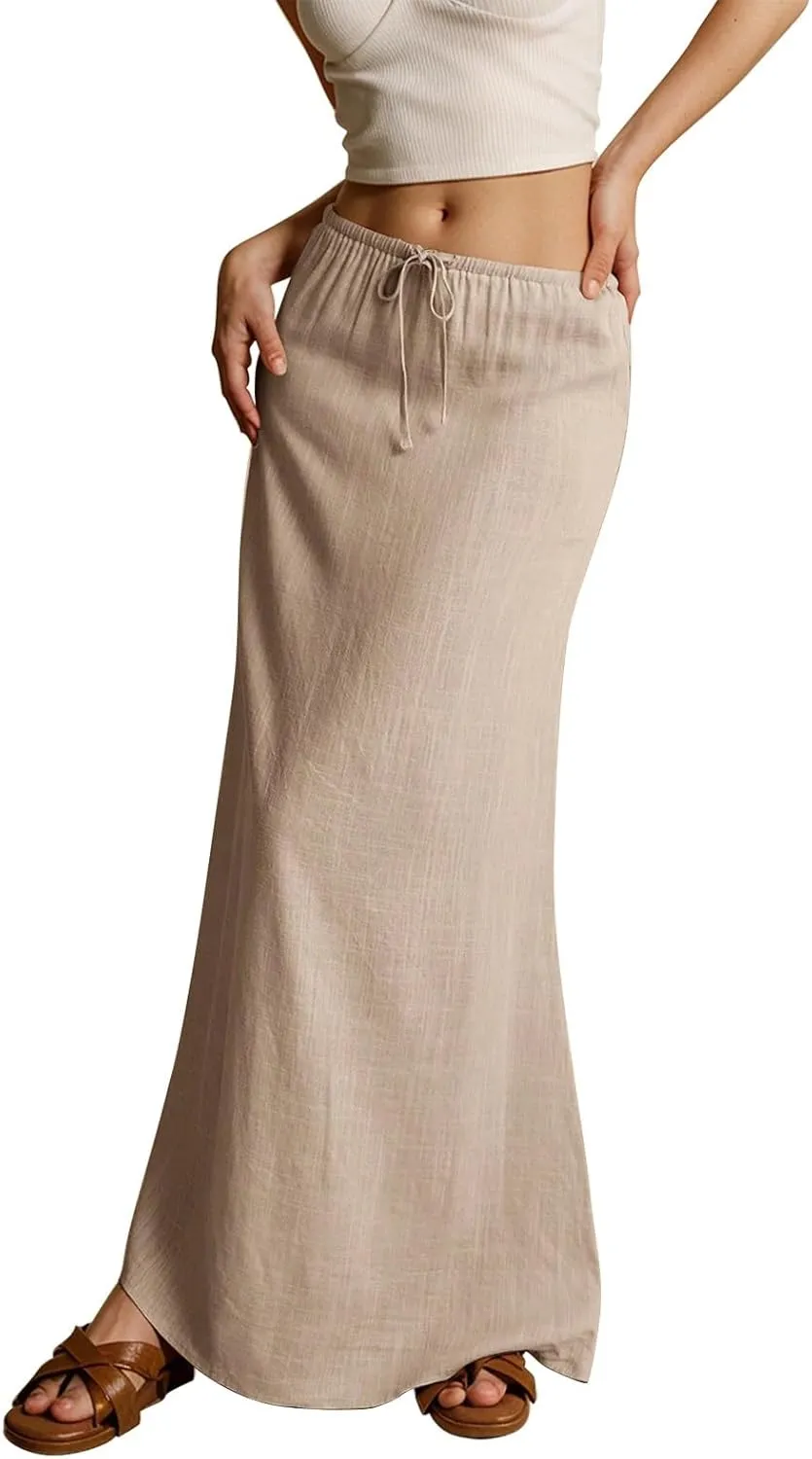 Linen Maxi Skirt for Women Trendy Beach Cover Up Boho Long Skirts Drawstring Comfy Drop Waist Floor Length Skirt