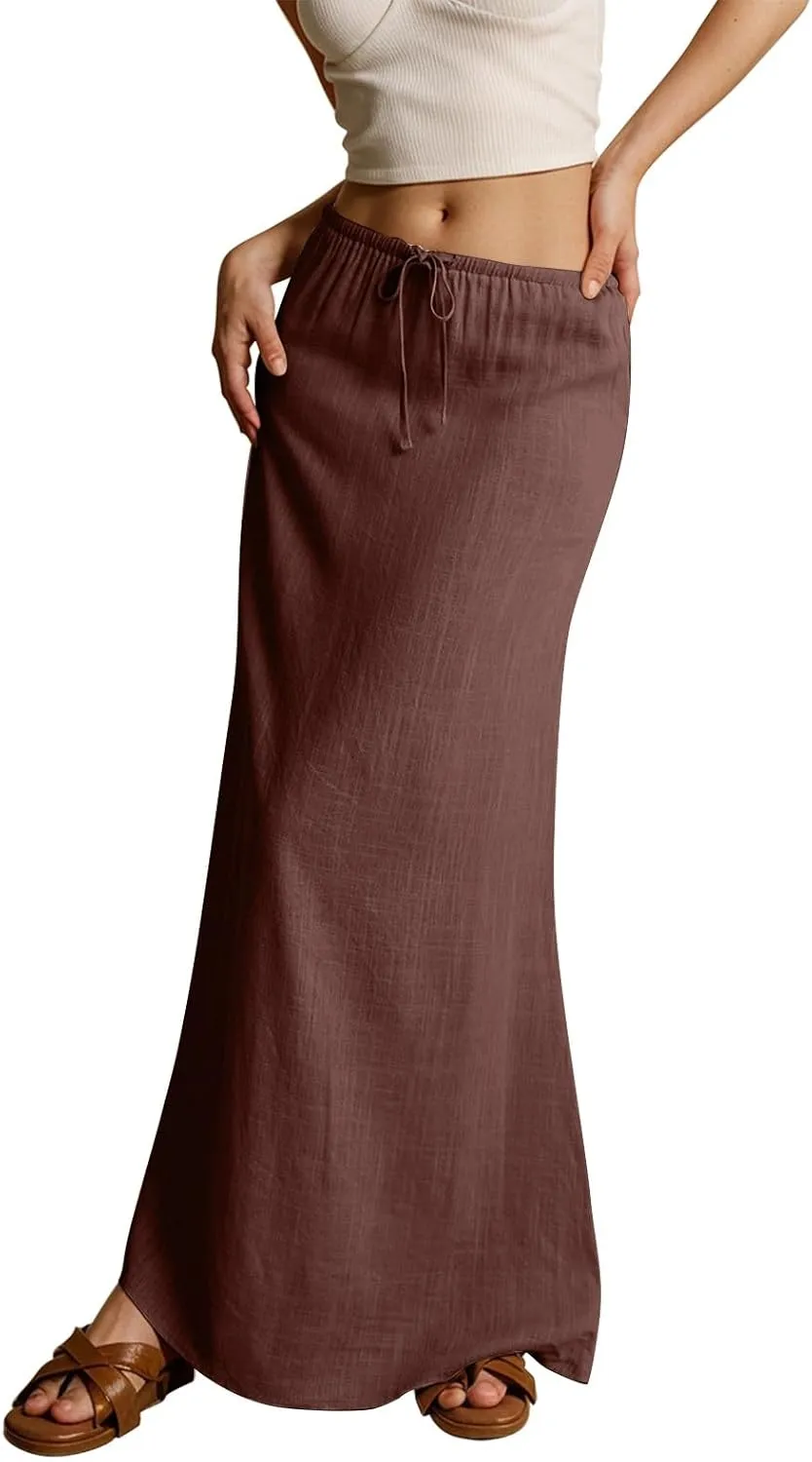 Linen Maxi Skirt for Women Trendy Beach Cover Up Boho Long Skirts Drawstring Comfy Drop Waist Floor Length Skirt