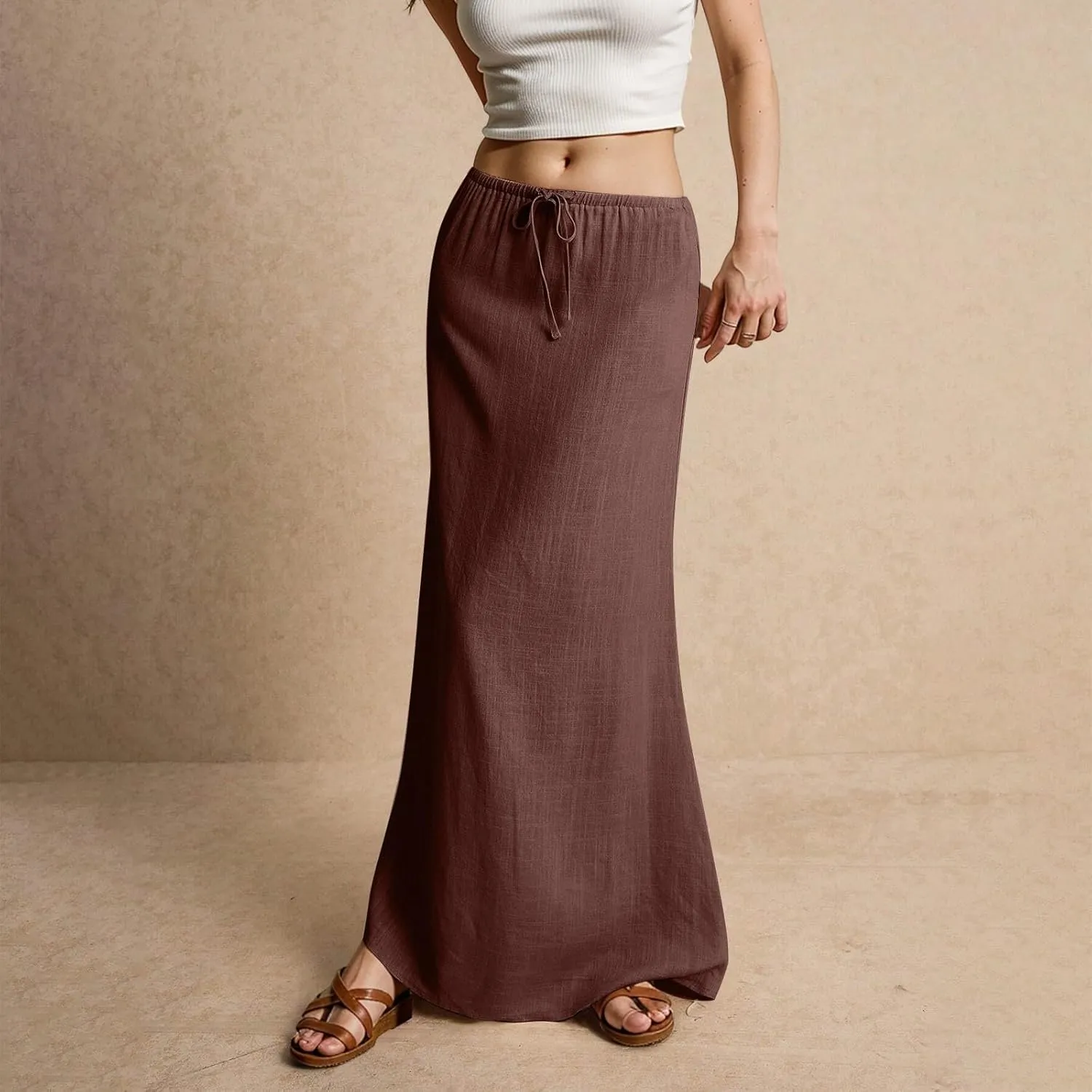 Linen Maxi Skirt for Women Trendy Beach Cover Up Boho Long Skirts Drawstring Comfy Drop Waist Floor Length Skirt