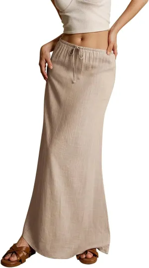 Linen Maxi Skirt for Women Trendy Beach Cover Up Boho Long Skirts Drawstring Comfy Drop Waist Floor Length Skirt