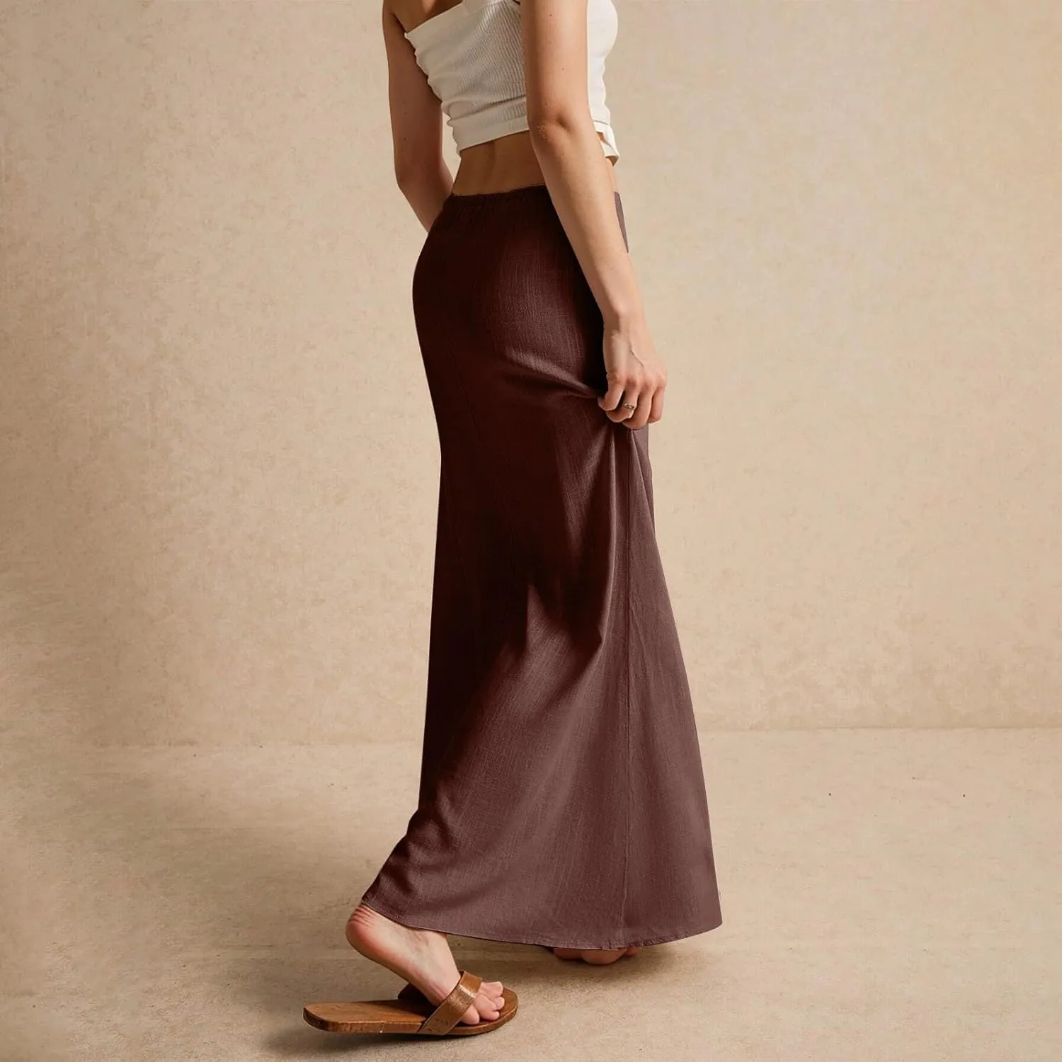 Linen Maxi Skirt for Women Trendy Beach Cover Up Boho Long Skirts Drawstring Comfy Drop Waist Floor Length Skirt