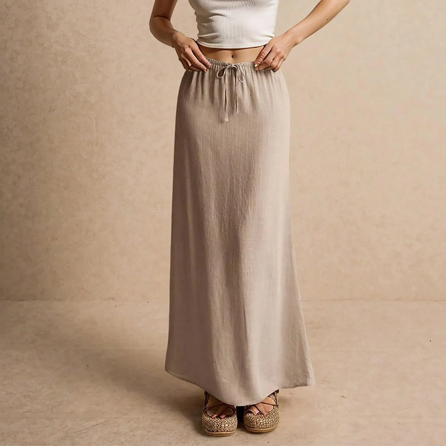 Linen Maxi Skirt for Women Trendy Beach Cover Up Boho Long Skirts Drawstring Comfy Drop Waist Floor Length Skirt