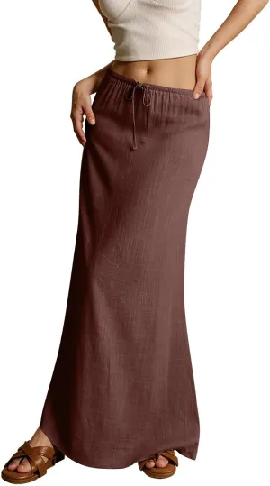 Linen Maxi Skirt for Women Trendy Beach Cover Up Boho Long Skirts Drawstring Comfy Drop Waist Floor Length Skirt