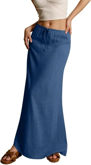 Linen Maxi Skirt for Women Trendy Beach Cover Up Boho Long Skirts Drawstring Comfy Drop Waist Floor Length Skirt