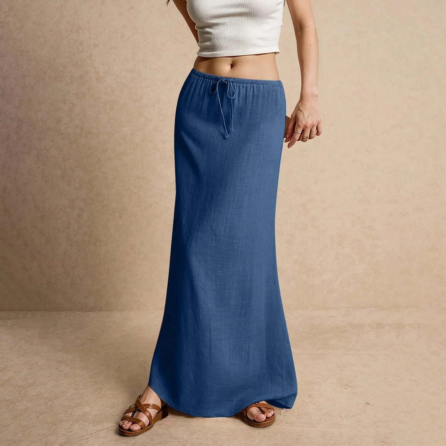 Linen Maxi Skirt for Women Trendy Beach Cover Up Boho Long Skirts Drawstring Comfy Drop Waist Floor Length Skirt