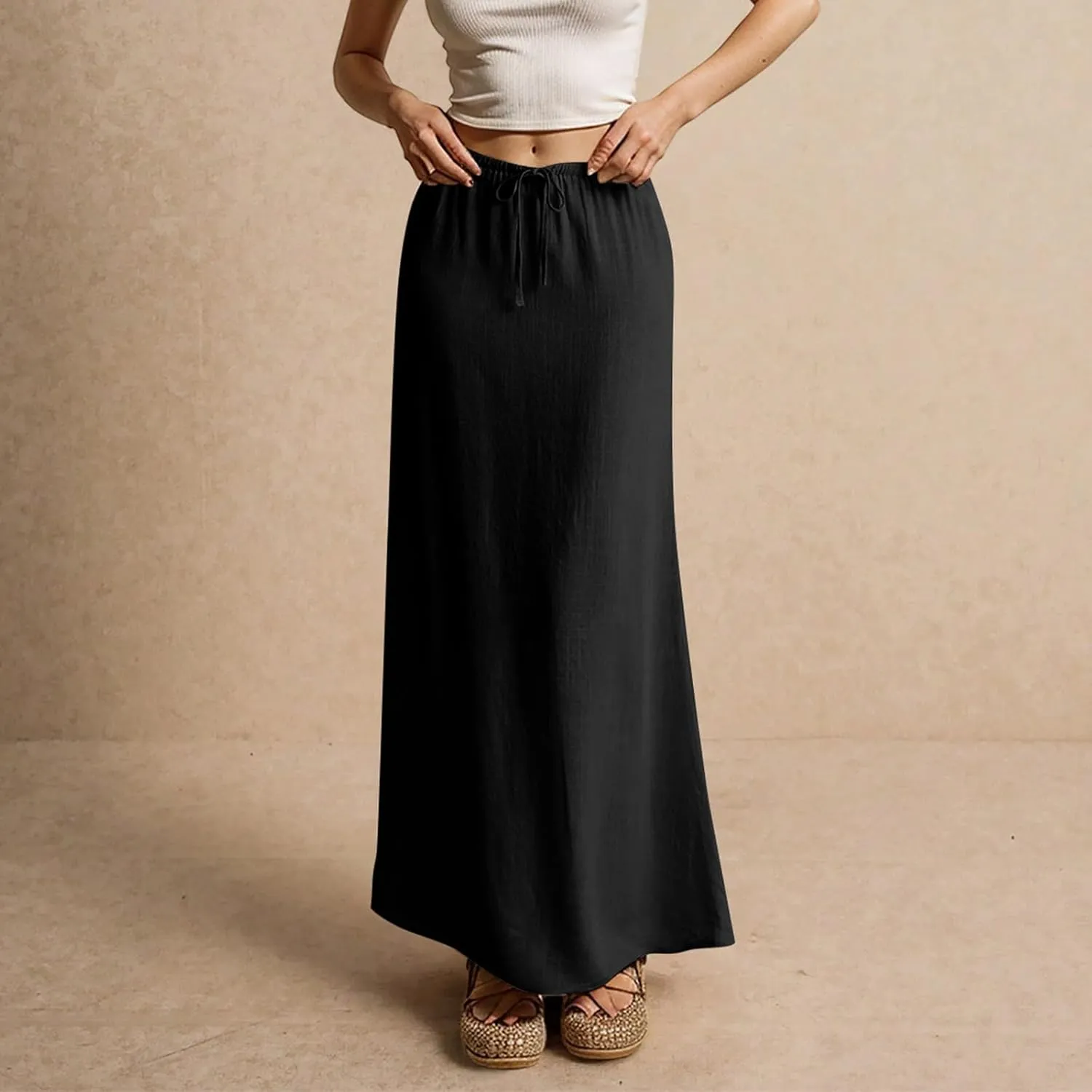 Linen Maxi Skirt for Women Trendy Beach Cover Up Boho Long Skirts Drawstring Comfy Drop Waist Floor Length Skirt