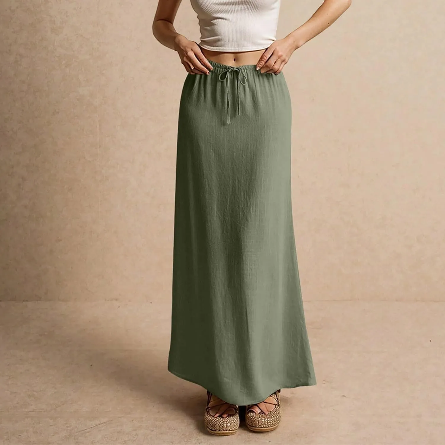 Linen Maxi Skirt for Women Trendy Beach Cover Up Boho Long Skirts Drawstring Comfy Drop Waist Floor Length Skirt