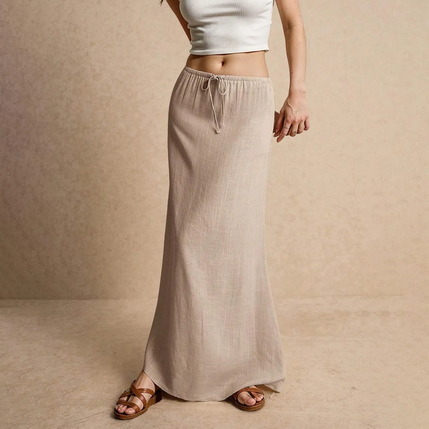 Linen Maxi Skirt for Women Trendy Beach Cover Up Boho Long Skirts Drawstring Comfy Drop Waist Floor Length Skirt