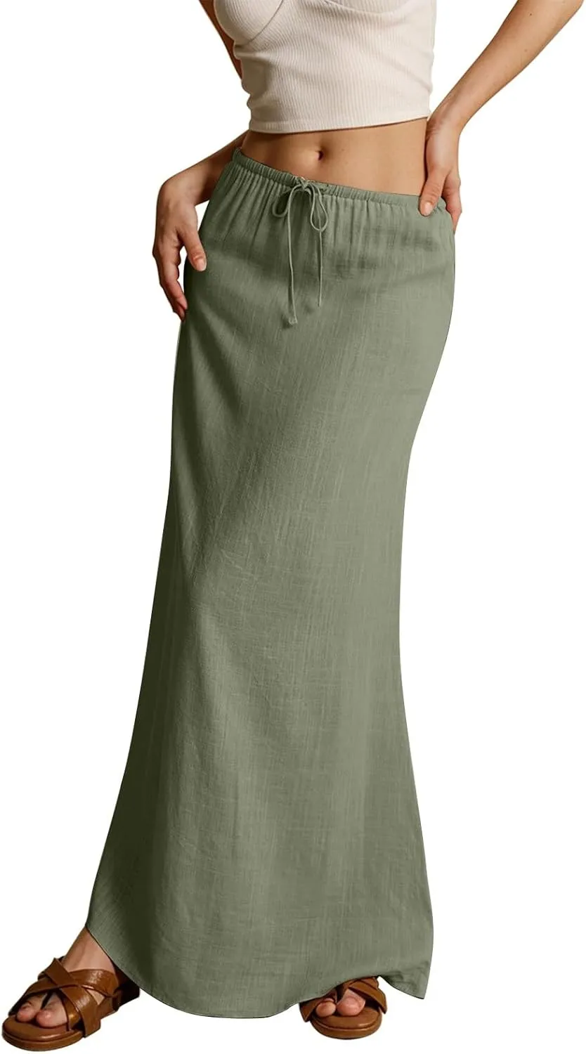 Linen Maxi Skirts for Women Trendy Summer Comfy Drawstring Waist A Line Skirts Cute Vacation Boho Long Flowy Skirt